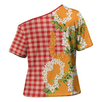 Prince Kuhio Aloha Hawaii Cross Shoulder Shirt Plumeria Ilima Lei Palaka Motifs LT14 - Polynesian Pride