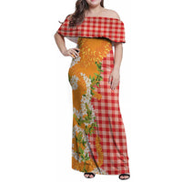Prince Kuhio Aloha Hawaii Family Matching Off Shoulder Maxi Dress and Hawaiian Shirt Plumeria Ilima Lei Palaka Motifs LT14 Mom's Dress Red - Polynesian Pride