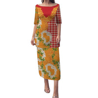 Prince Kuhio Aloha Hawaii Family Matching Puletasi and Hawaiian Shirt Plumeria Ilima Lei Palaka Motifs LT14 Mom's Dress Red - Polynesian Pride