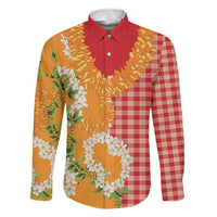 Prince Kuhio Aloha Hawaii Family Matching Short Sleeve Bodycon Dress and Hawaiian Shirt Plumeria Ilima Lei Palaka Motifs LT14 Dad's Shirt - Long Sleeve Red - Polynesian Pride