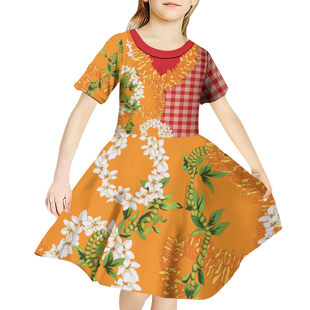 Prince Kuhio Aloha Hawaii Kid Short Sleeve Dress Plumeria Ilima Lei Palaka Motifs LT14 - Polynesian Pride