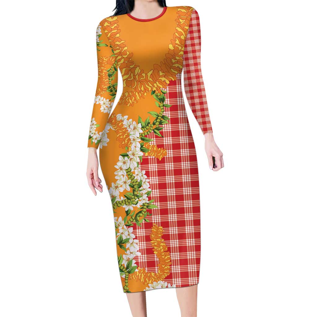 Prince Kuhio Aloha Hawaii Long Sleeve Bodycon Dress Plumeria Ilima Lei Palaka Motifs LT14 Long Dress Red - Polynesian Pride