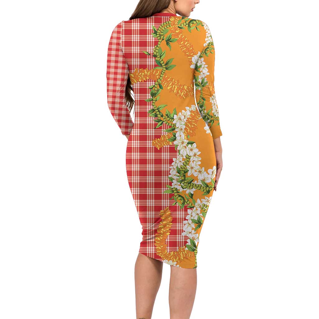 Prince Kuhio Aloha Hawaii Long Sleeve Bodycon Dress Plumeria Ilima Lei Palaka Motifs LT14 - Polynesian Pride