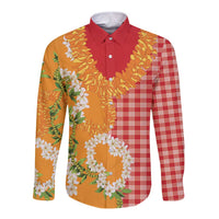 Prince Kuhio Aloha Hawaii Long Sleeve Button Shirt Plumeria Ilima Lei Palaka Motifs