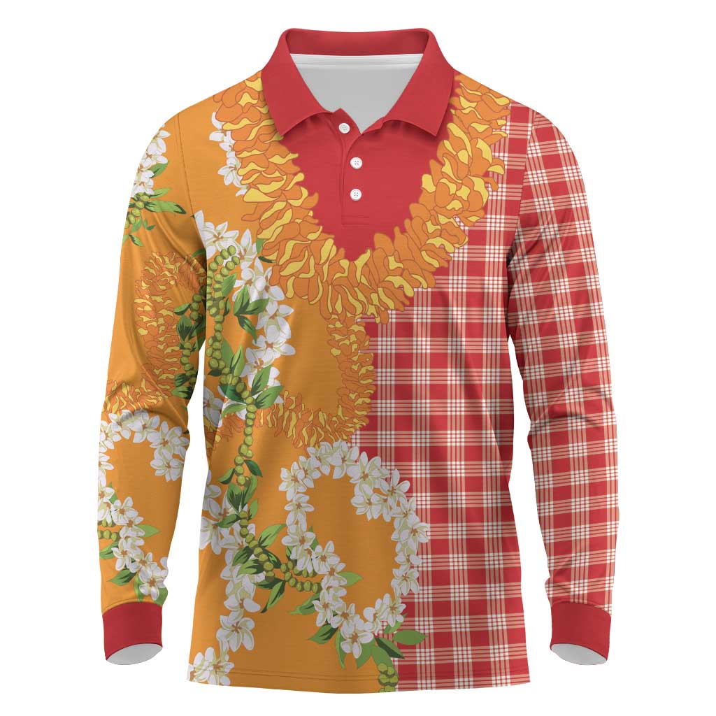 Prince Kuhio Aloha Hawaii Long Sleeve Polo Shirt Plumeria Ilima Lei Palaka Motifs LT14 Red - Polynesian Pride