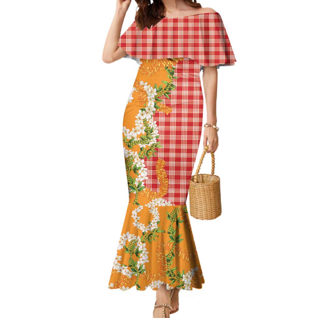 Prince Kuhio Aloha Hawaii Mermaid Dress Plumeria Ilima Lei Palaka Motifs LT14 Women Red - Polynesian Pride