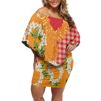 Prince Kuhio Aloha Hawaii Off Shoulder Short Dress Plumeria Ilima Lei Palaka Motifs LT14 Women Red - Polynesian Pride