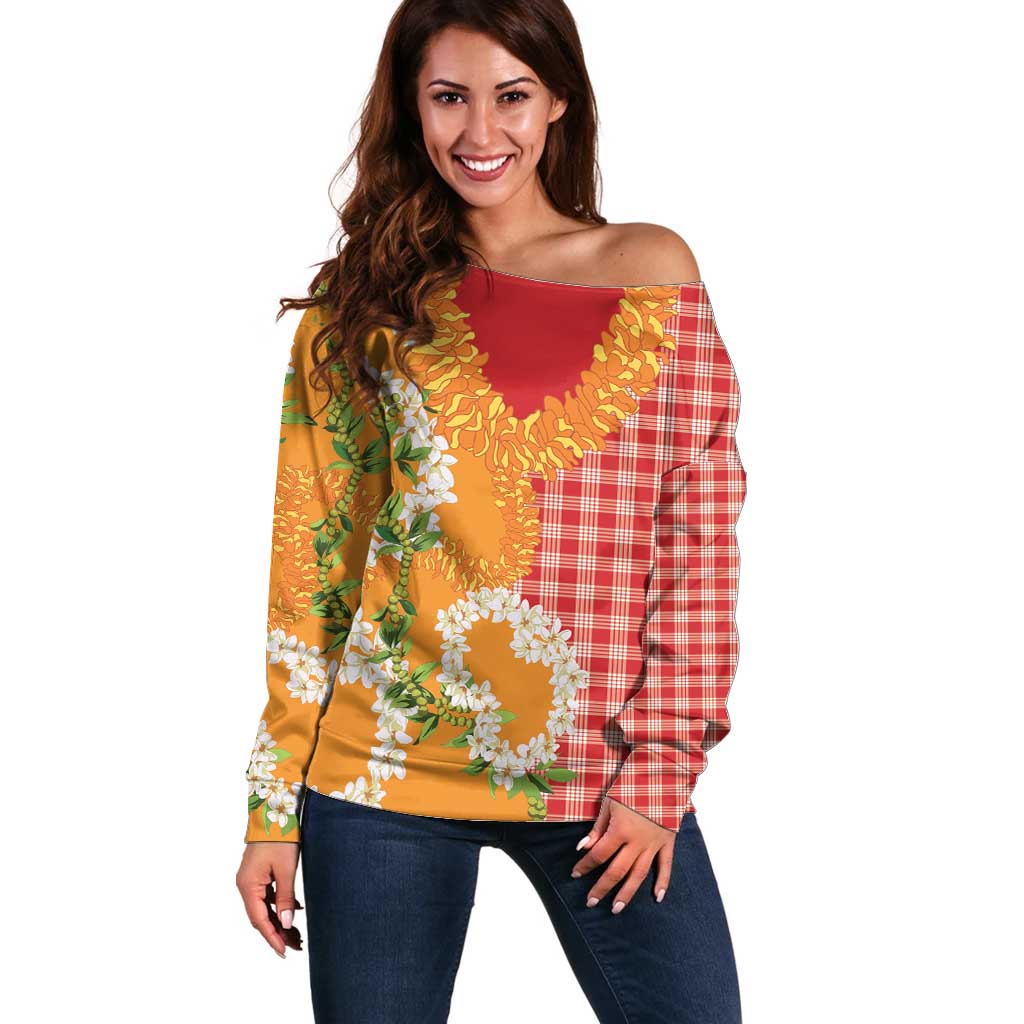 Prince Kuhio Aloha Hawaii Off Shoulder Sweater Plumeria Ilima Lei Palaka Motifs