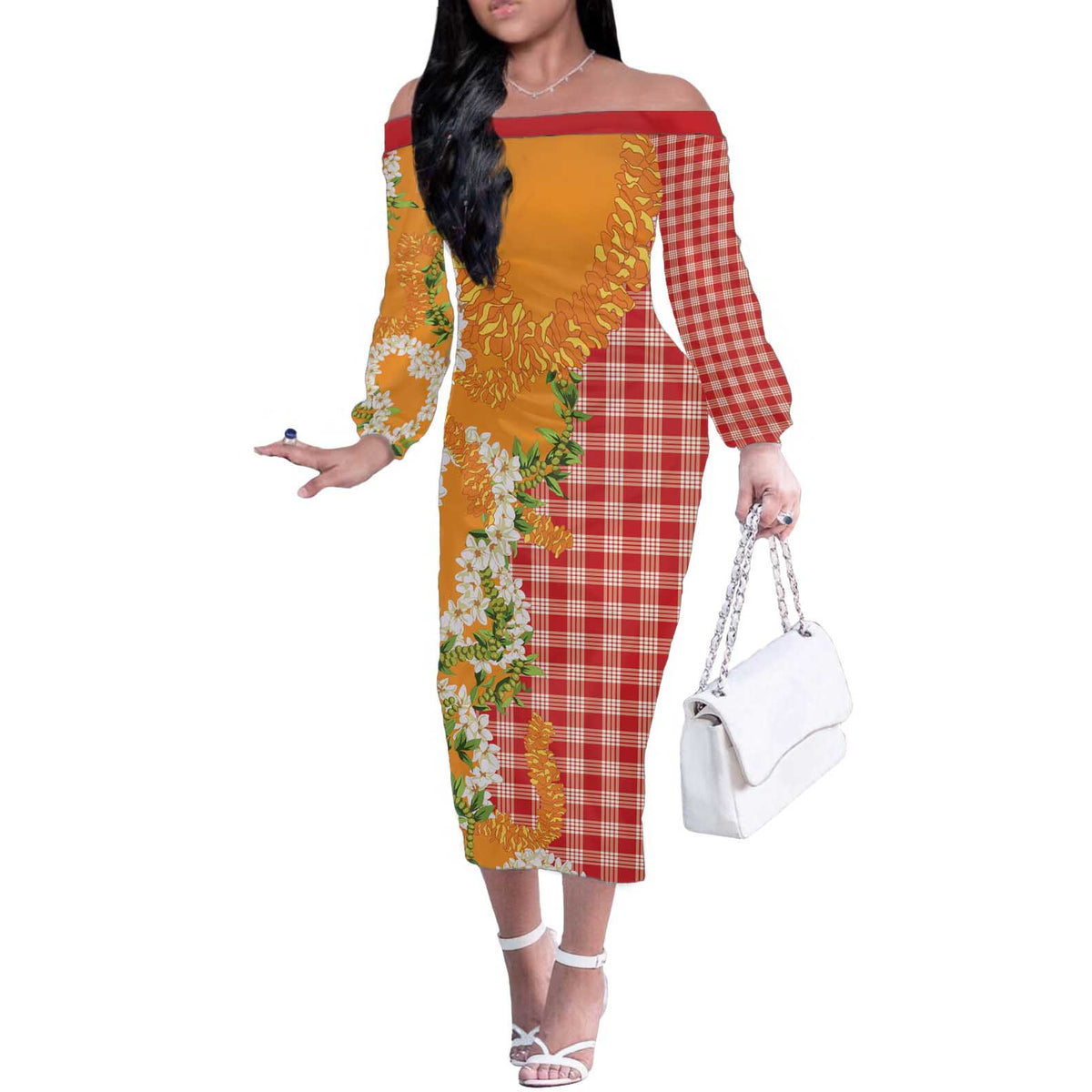 Prince Kuhio Aloha Hawaii Off The Shoulder Long Sleeve Dress Plumeria Ilima Lei Palaka Motifs LT14 Women Red - Polynesian Pride