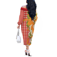 Prince Kuhio Aloha Hawaii Off The Shoulder Long Sleeve Dress Plumeria Ilima Lei Palaka Motifs LT14 - Polynesian Pride
