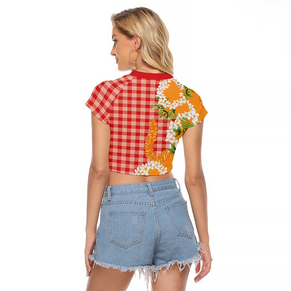 Prince Kuhio Aloha Hawaii Raglan Cropped T Shirt Plumeria Ilima Lei Palaka Motifs LT14 - Polynesian Pride