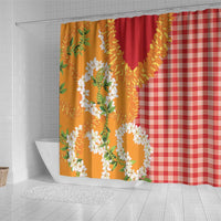 Prince Kuhio Aloha Hawaii Shower Curtain Plumeria Ilima Lei Palaka Motifs
