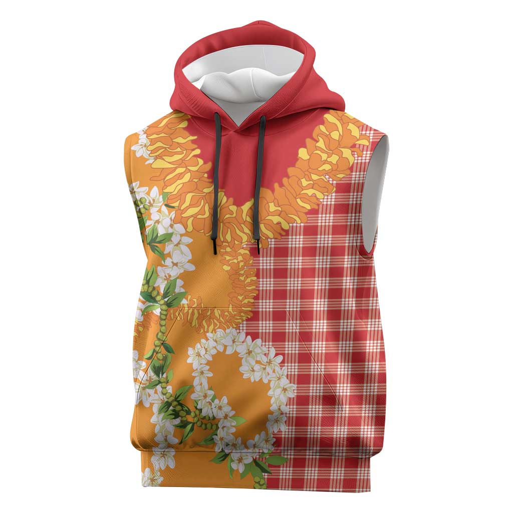 Prince Kuhio Aloha Hawaii Sleeveless Hoodie Plumeria Ilima Lei Palaka Motifs LT14 Red - Polynesian Pride