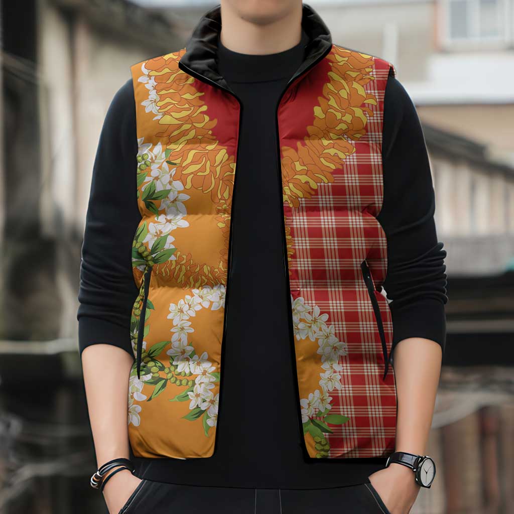 Prince Kuhio Aloha Hawaii Sleeveless Puffer Jacket Plumeria Ilima Lei Palaka Motifs