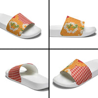 Prince Kuhio Aloha Hawaii Slide Sandals Plumeria Ilima Lei Palaka Motifs