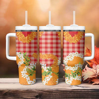 Prince Kuhio Aloha Hawaii Tumbler With Handle Plumeria Ilima Lei Palaka Motifs