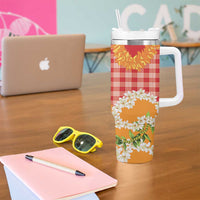 Prince Kuhio Aloha Hawaii Tumbler With Handle Plumeria Ilima Lei Palaka Motifs