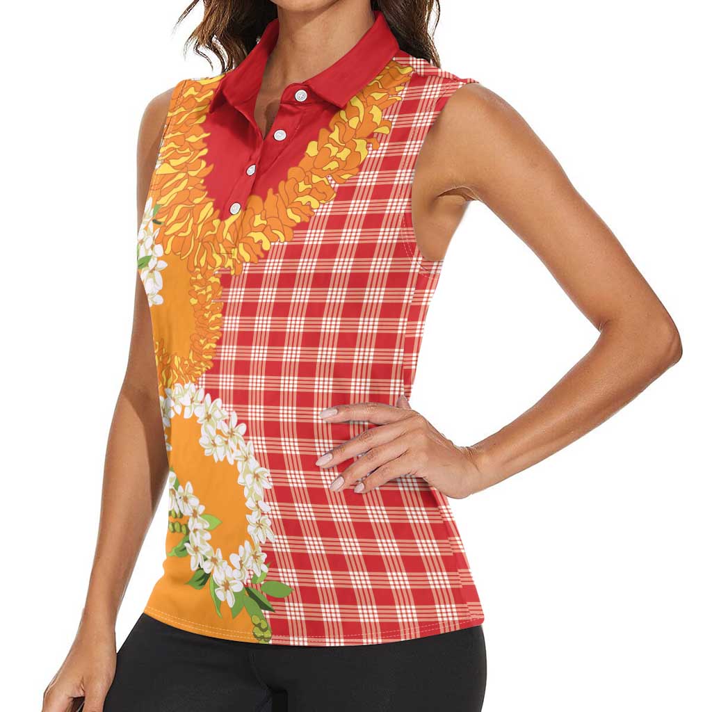 Prince Kuhio Aloha Hawaii Women Sleeveless Polo Shirt Plumeria Ilima Lei Palaka Motifs LT14 - Polynesian Pride
