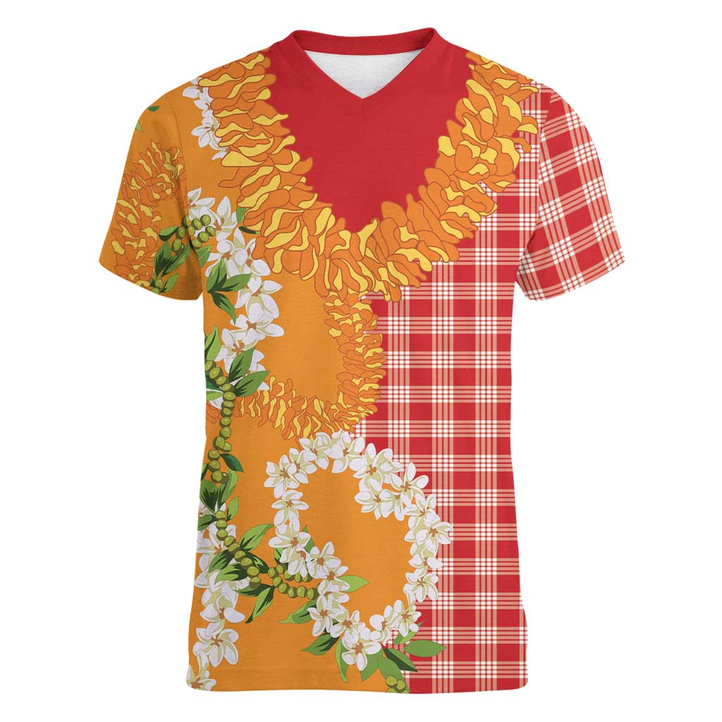 Prince Kuhio Aloha Hawaii Women V-Neck T-Shirt Plumeria Ilima Lei Palaka Motifs LT14 Female Red - Polynesian Pride