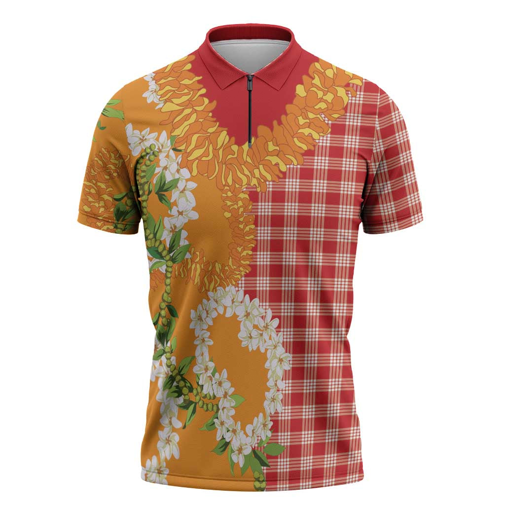 Prince Kuhio Aloha Hawaii Zipper Polo Shirt Plumeria Ilima Lei Palaka Motifs LT14 Red - Polynesian Pride