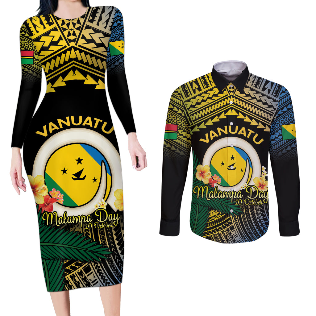 Personalised Malampa Day Couples Matching Long Sleeve Bodycon Dress and Long Sleeve Button Shirt Vanuatu Provinces Polynesian Pattern LT14 Black - Polynesian Pride