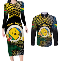 Personalised Malampa Day Couples Matching Long Sleeve Bodycon Dress and Long Sleeve Button Shirt Vanuatu Provinces Polynesian Pattern LT14 Black - Polynesian Pride