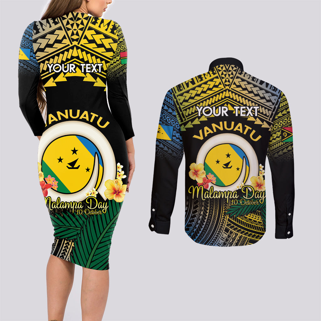 Personalised Malampa Day Couples Matching Long Sleeve Bodycon Dress and Long Sleeve Button Shirt Vanuatu Provinces Polynesian Pattern LT14 - Polynesian Pride