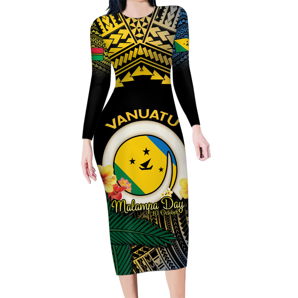 Personalised Malampa Day Family Matching Long Sleeve Bodycon Dress and Hawaiian Shirt Vanuatu Provinces Polynesian Pattern LT14 Mom's Dress Black - Polynesian Pride