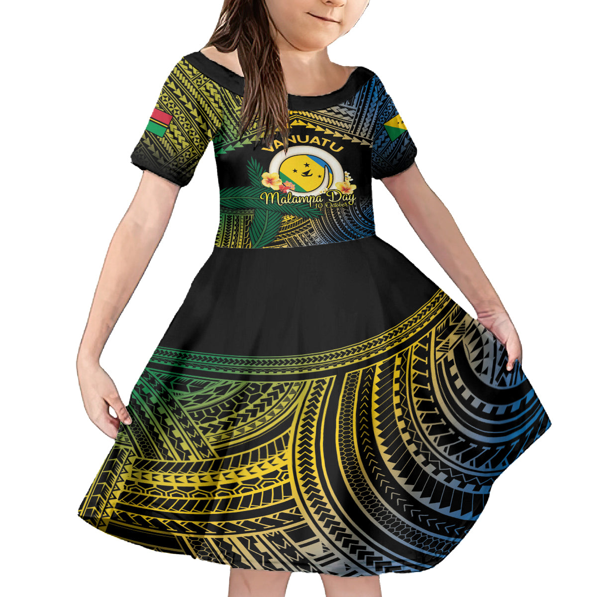 Personalised Malampa Day Family Matching Off The Shoulder Long Sleeve Dress and Hawaiian Shirt Vanuatu Provinces Polynesian Pattern LT14 Daughter's Dress Black - Polynesian Pride