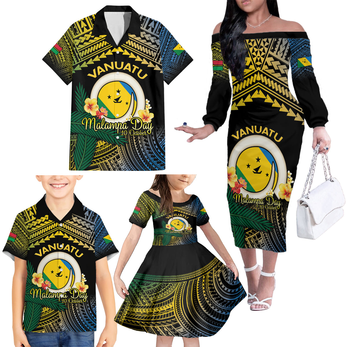 Personalised Malampa Day Family Matching Off The Shoulder Long Sleeve Dress and Hawaiian Shirt Vanuatu Provinces Polynesian Pattern LT14 - Polynesian Pride