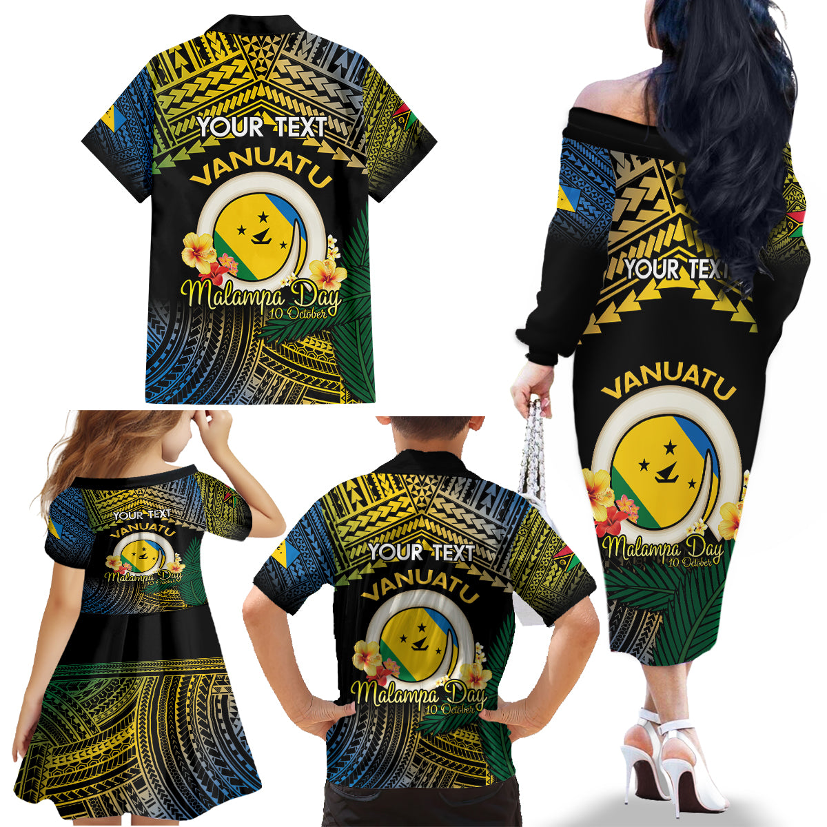 Personalised Malampa Day Family Matching Off The Shoulder Long Sleeve Dress and Hawaiian Shirt Vanuatu Provinces Polynesian Pattern LT14 - Polynesian Pride