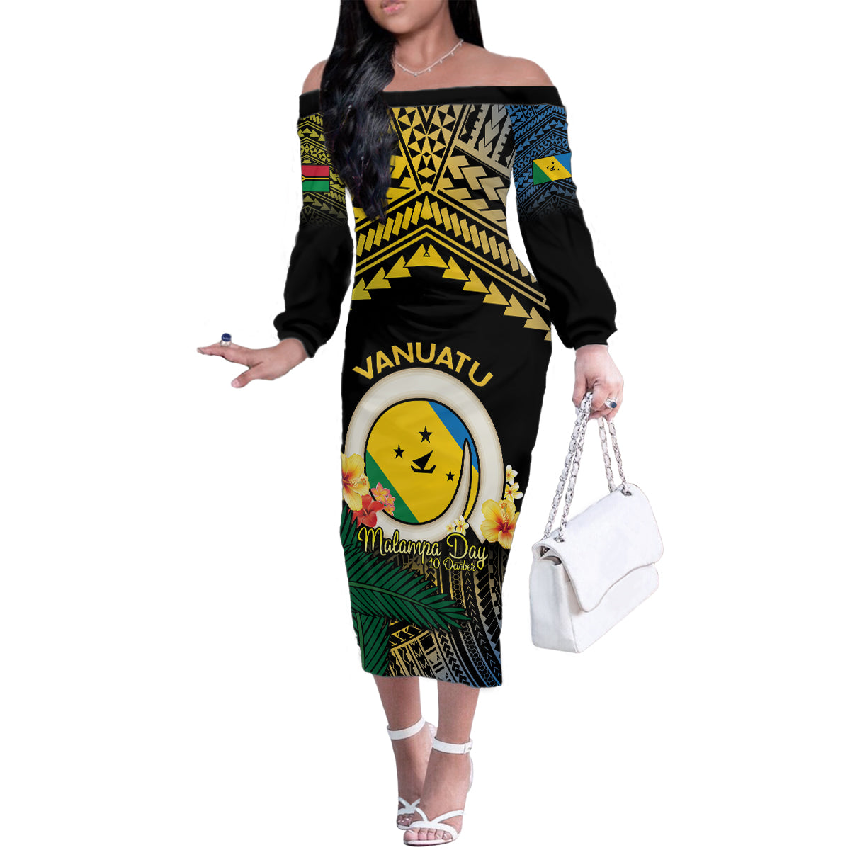 Personalised Malampa Day Family Matching Off The Shoulder Long Sleeve Dress and Hawaiian Shirt Vanuatu Provinces Polynesian Pattern LT14 Mom's Dress Black - Polynesian Pride