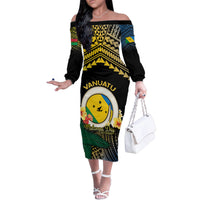 Personalised Malampa Day Family Matching Off The Shoulder Long Sleeve Dress and Hawaiian Shirt Vanuatu Provinces Polynesian Pattern LT14 Mom's Dress Black - Polynesian Pride