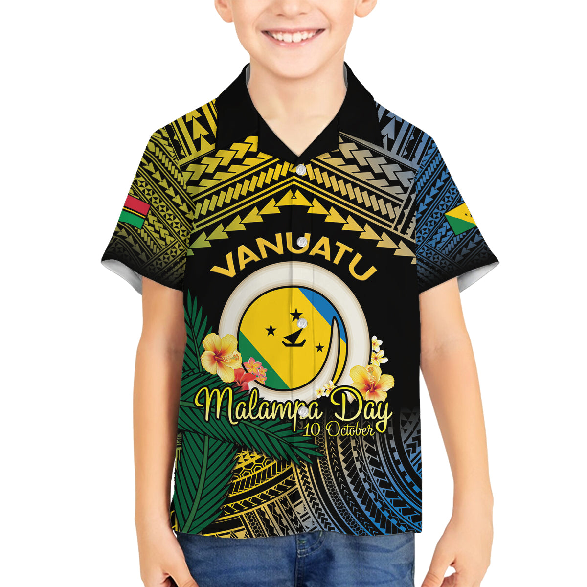Personalised Malampa Day Family Matching Off The Shoulder Long Sleeve Dress and Hawaiian Shirt Vanuatu Provinces Polynesian Pattern LT14 Son's Shirt Black - Polynesian Pride