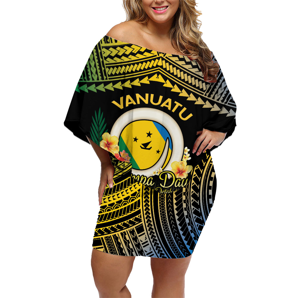 Personalised Malampa Day Family Matching Off Shoulder Short Dress and Hawaiian Shirt Vanuatu Provinces Polynesian Pattern LT14 Mom's Dress Black - Polynesian Pride