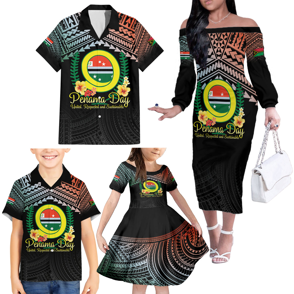 Personalised Penama Day Family Matching Off The Shoulder Long Sleeve Dress and Hawaiian Shirt Vanuatu Provinces Polynesian Pattern LT14 - Polynesian Pride