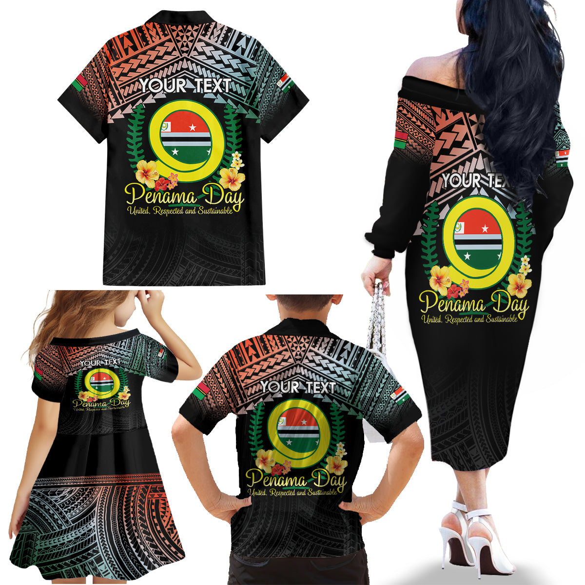 Personalised Penama Day Family Matching Off The Shoulder Long Sleeve Dress and Hawaiian Shirt Vanuatu Provinces Polynesian Pattern LT14 - Polynesian Pride