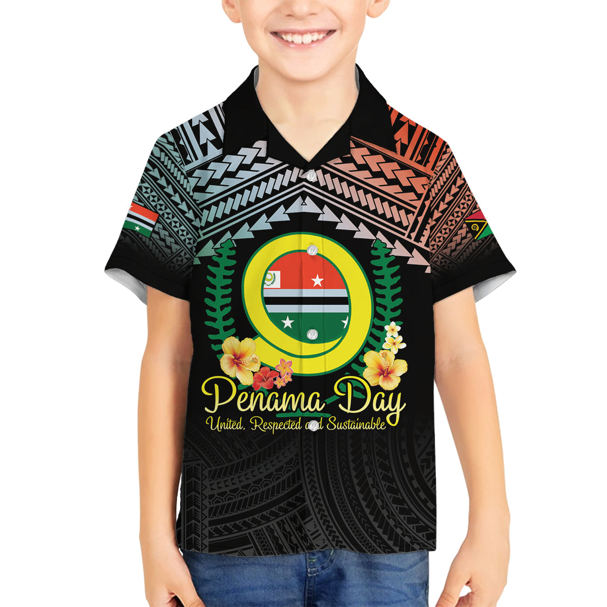 Personalised Penama Day Family Matching Off The Shoulder Long Sleeve Dress and Hawaiian Shirt Vanuatu Provinces Polynesian Pattern LT14 Son's Shirt Black - Polynesian Pride