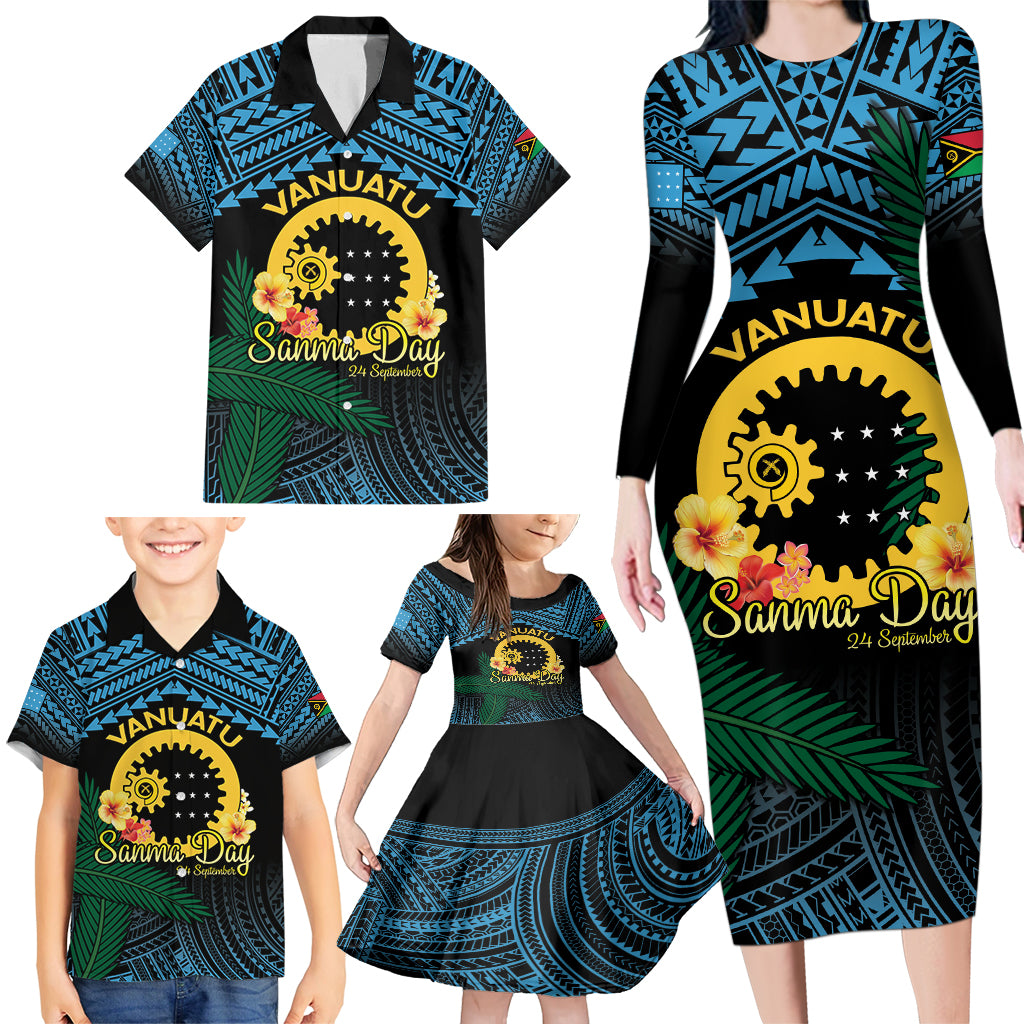 Personalised Sanma Day Family Matching Long Sleeve Bodycon Dress and Hawaiian Shirt Vanuatu Provinces Polynesian Pattern LT14 - Polynesian Pride