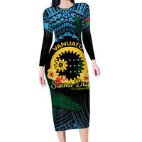 Personalised Sanma Day Family Matching Long Sleeve Bodycon Dress and Hawaiian Shirt Vanuatu Provinces Polynesian Pattern LT14 Mom's Dress Black - Polynesian Pride