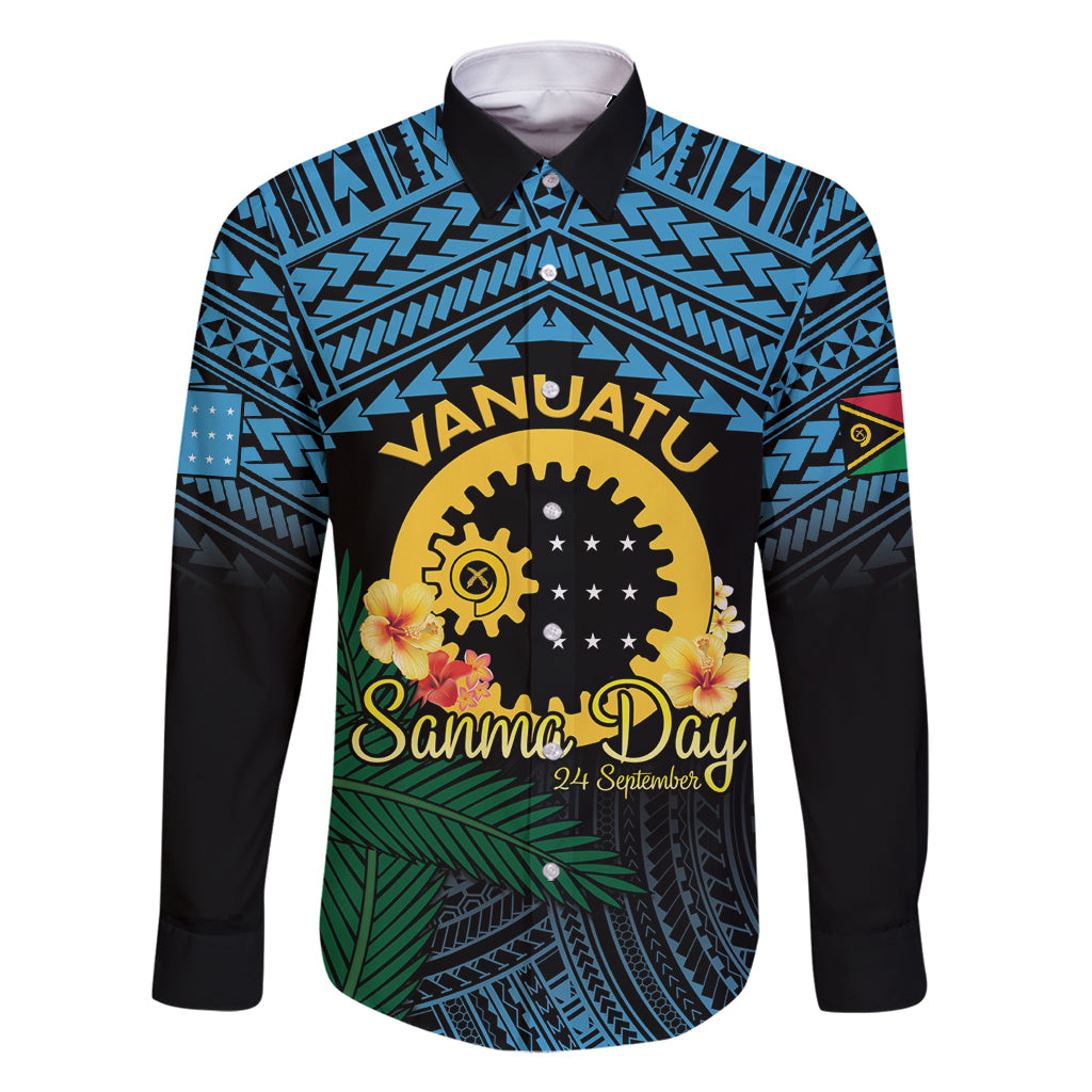 Personalised Sanma Day Family Matching Mermaid Dress and Hawaiian Shirt Vanuatu Provinces Polynesian Pattern LT14 Dad's Shirt - Long Sleeve Black - Polynesian Pride