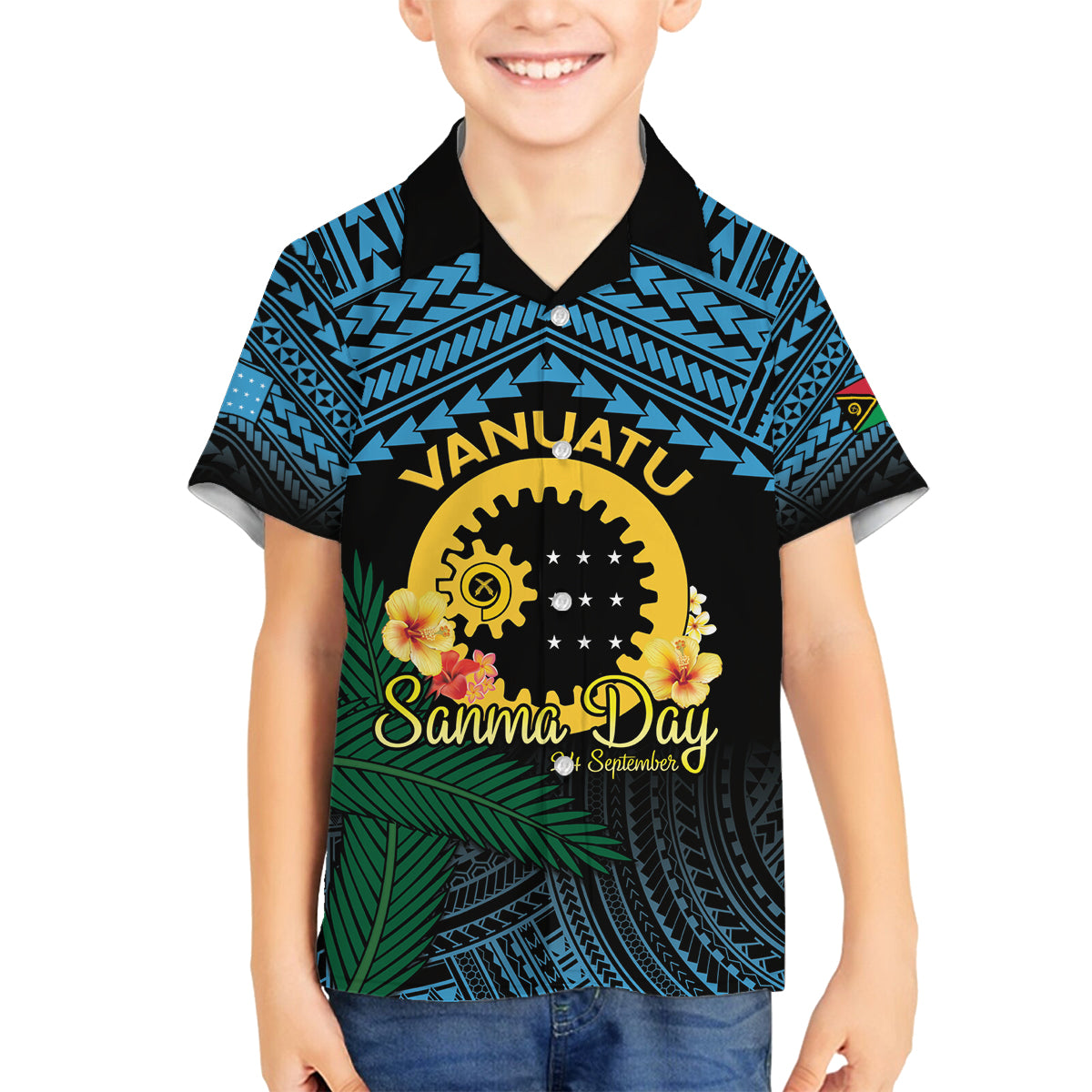 Personalised Sanma Day Family Matching Off The Shoulder Long Sleeve Dress and Hawaiian Shirt Vanuatu Provinces Polynesian Pattern LT14 Son's Shirt Black - Polynesian Pride