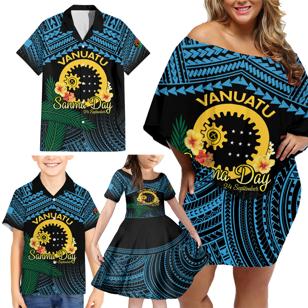 Personalised Sanma Day Family Matching Off Shoulder Short Dress and Hawaiian Shirt Vanuatu Provinces Polynesian Pattern LT14 - Polynesian Pride
