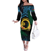 Personalised Sanma Day Off The Shoulder Long Sleeve Dress Vanuatu Provinces Polynesian Pattern LT14 Women Black - Polynesian Pride