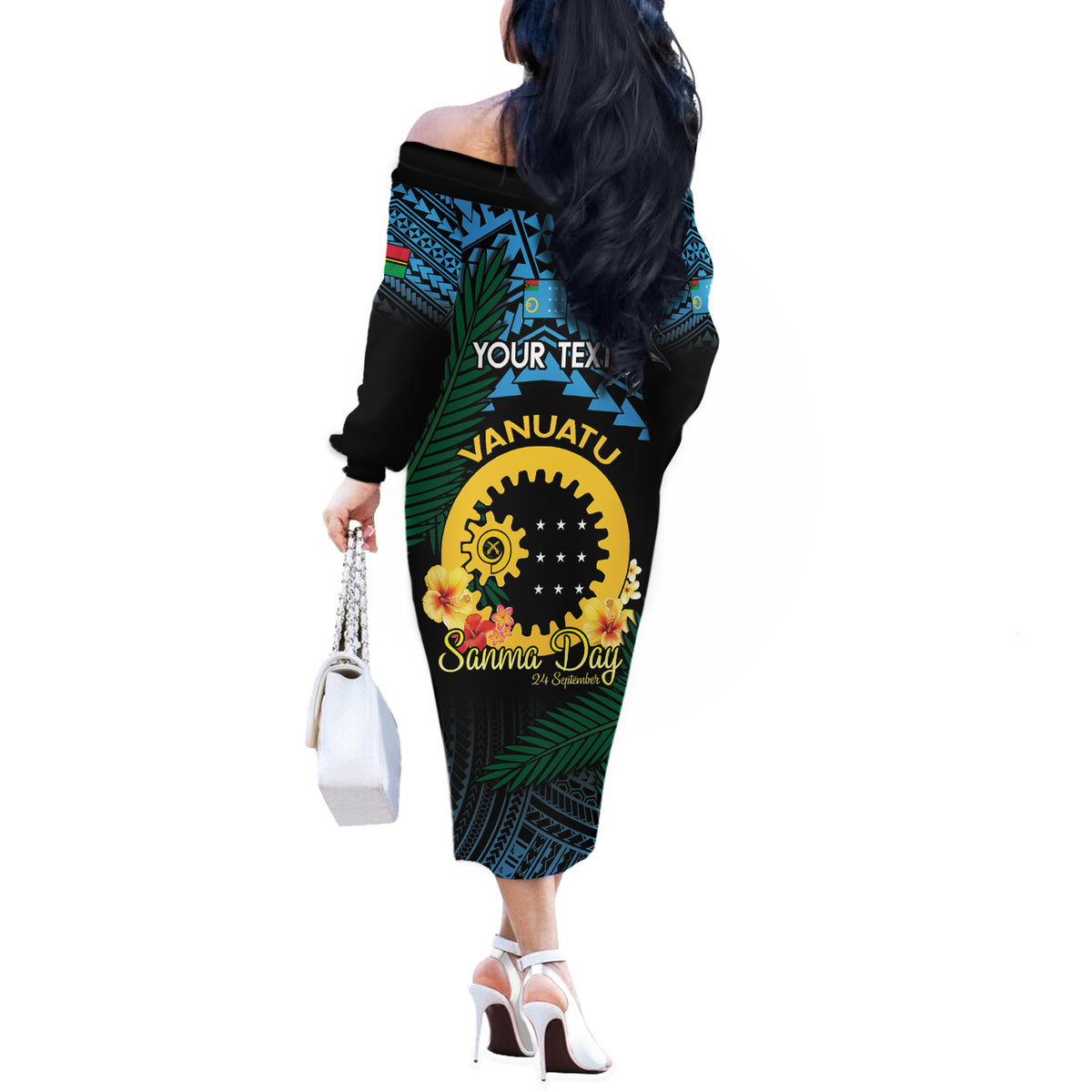 Personalised Sanma Day Off The Shoulder Long Sleeve Dress Vanuatu Provinces Polynesian Pattern LT14 - Polynesian Pride