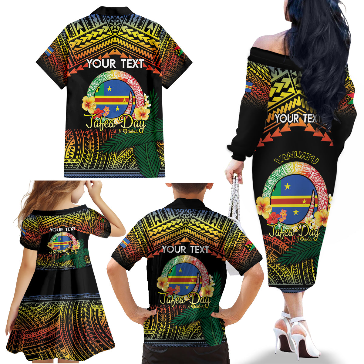 Personalised Tafea Day Family Matching Off The Shoulder Long Sleeve Dress and Hawaiian Shirt Vanuatu Provinces Polynesian Pattern LT14 - Polynesian Pride