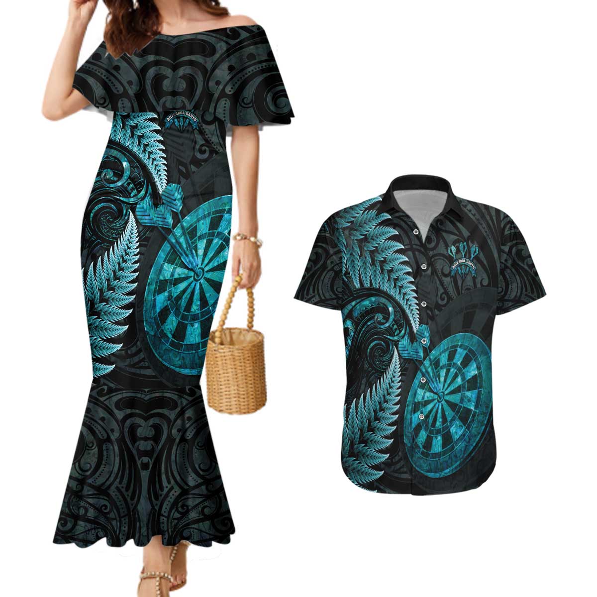 Personalised New Zealand Darts Couples Matching Mermaid Dress and Hawaiian Shirt Happiness Is A Tight Threesome Maori Paua Shell LT14 Turquoise - Polynesian Pride