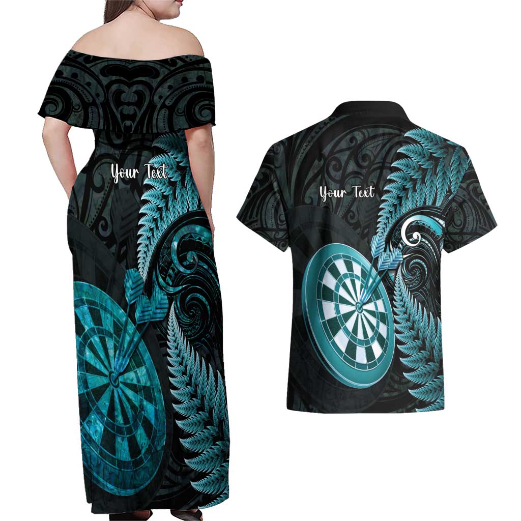 Personalised New Zealand Darts Couples Matching Off Shoulder Maxi Dress and Hawaiian Shirt Happiness Is A Tight Threesome Maori Paua Shell LT14 - Polynesian Pride