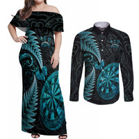 Personalised New Zealand Darts Couples Matching Off Shoulder Maxi Dress and Long Sleeve Button Shirt Happiness Is A Tight Threesome Maori Paua Shell LT14 Turquoise - Polynesian Pride