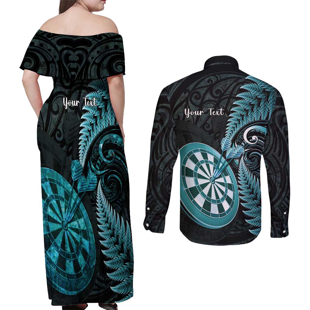 Personalised New Zealand Darts Couples Matching Off Shoulder Maxi Dress and Long Sleeve Button Shirt Happiness Is A Tight Threesome Maori Paua Shell LT14 - Polynesian Pride